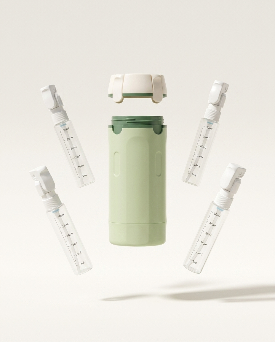 Your complete travel routine.<br>One single bottle.